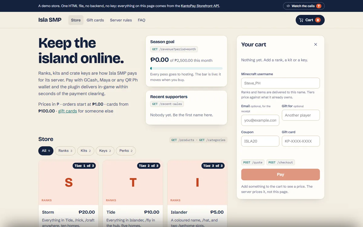 A demo game-server store running on KantoPay: ranks priced in pesos, a cart, and checkout fields for the player's Minecraft name, coupon and gift card.