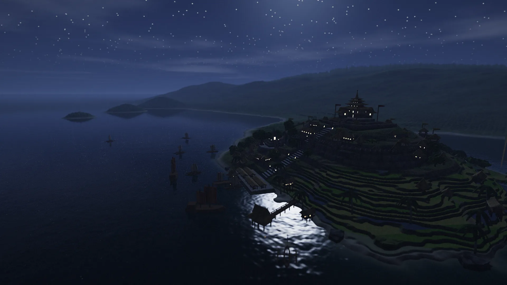 The kingdom of Tawalisi at night: a walled hill town with watchtowers, a palace compound on its crown, a lamplit stair through the gatehouse down to the harbour market, a stone temple under a balete tree, rice terraces down one flank, and trading junks on a moonlit bay.